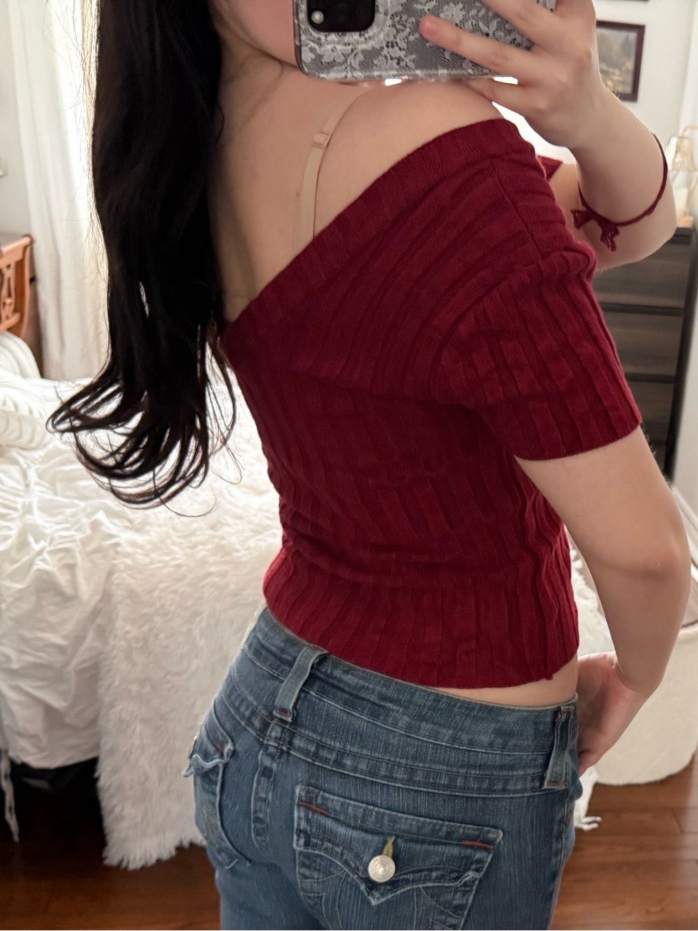 Vintage America Off-Shoulder Ribbed Crop Top in Deep Red With Open Back